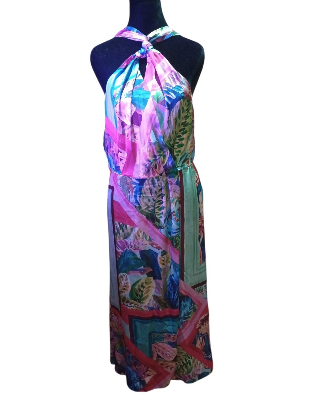 Zara Sleeveless Tropical Print Halter Maxi Dress - Pink & Green, Size XL, NWT